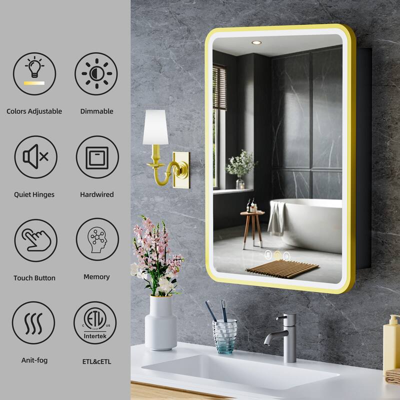 Aris Recessed/Surface Mount Bathroom Medicine Cabinet with Mirror and Lights, Dimmable, Adjustable Shelves, Fast Defogging