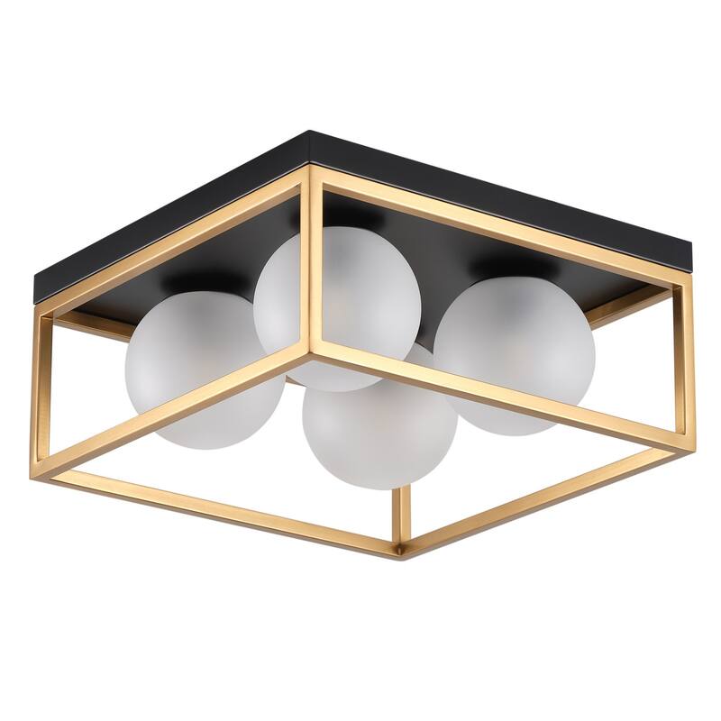 Farmhouse Black and Gold 4-Light Flush Mount Ceiling Light with Globe Frosted Glass Shades