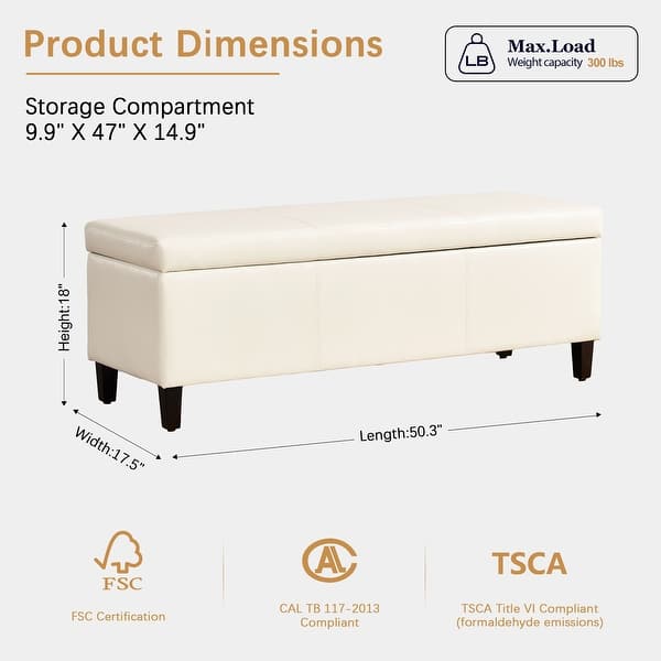 dimension image slide 0 of 7, 50.3" x 17.50" x 18" Upholstered Rectangular Storage Ottoman-Faux Leather