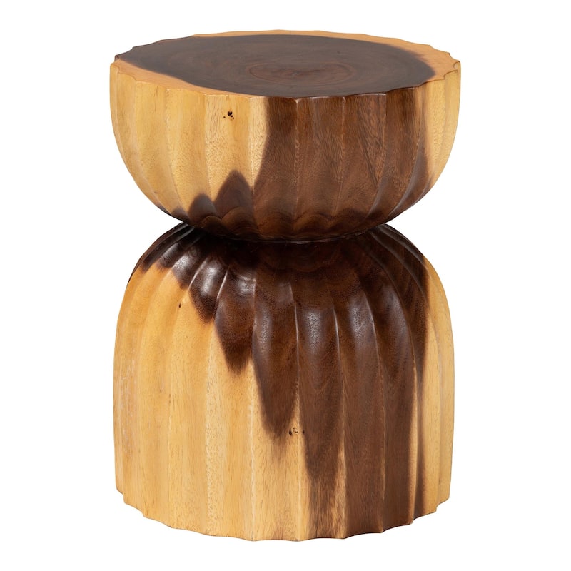 Noleta Hand-carved Suar Wood Side Table - Sculptural Hourglass Table with Natural Grain, Boho Style for Living Room or Bedroom - Natural Brown