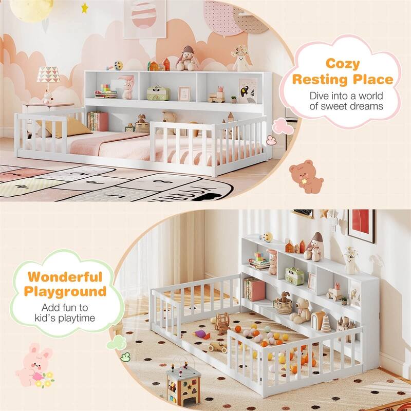 Pine Wood Twin Montessori Floor Bed with Bookshelf and Safety Rails