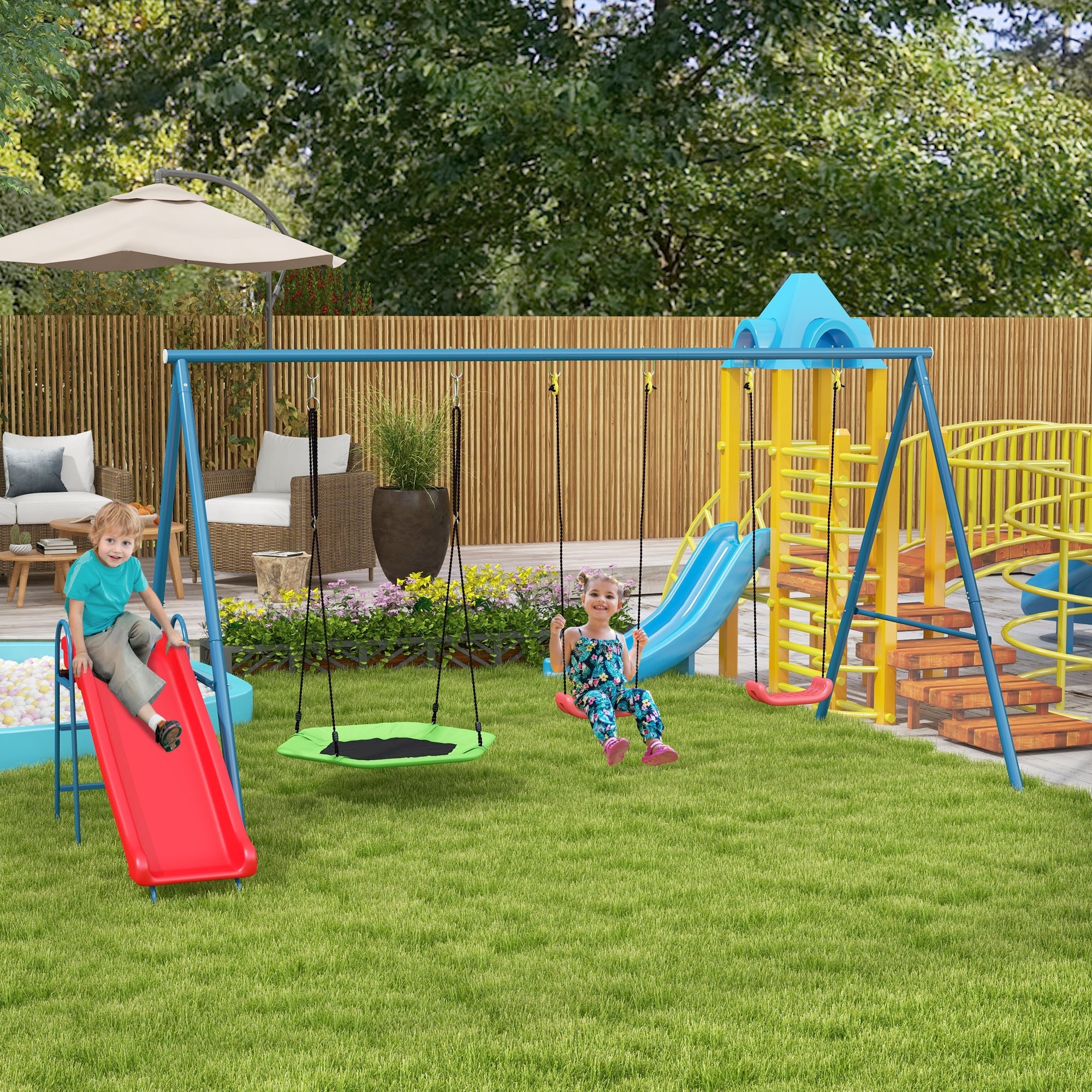 Outsunny 3-in-1 Swing Set, Heavy Duty A-Frame, Kids Swings, Saucer Swing & Slide, 352 lbs, Backyard