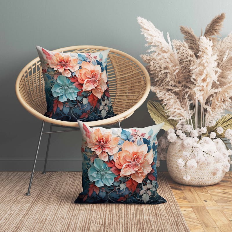 Large Flowers Faux Suede Reversible Throw Pillow Peach and Blue