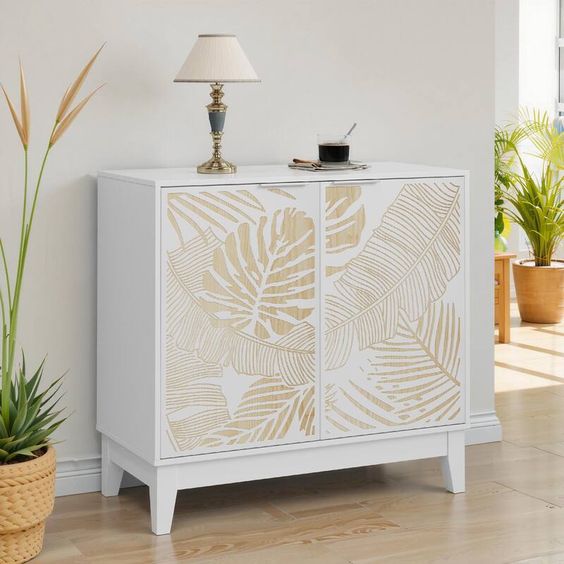Roomfitters Coastal Storage Cabinet with Tropical Leaf Pattern Doors, Sideboard Buffet Organizer with Wood Accents, White