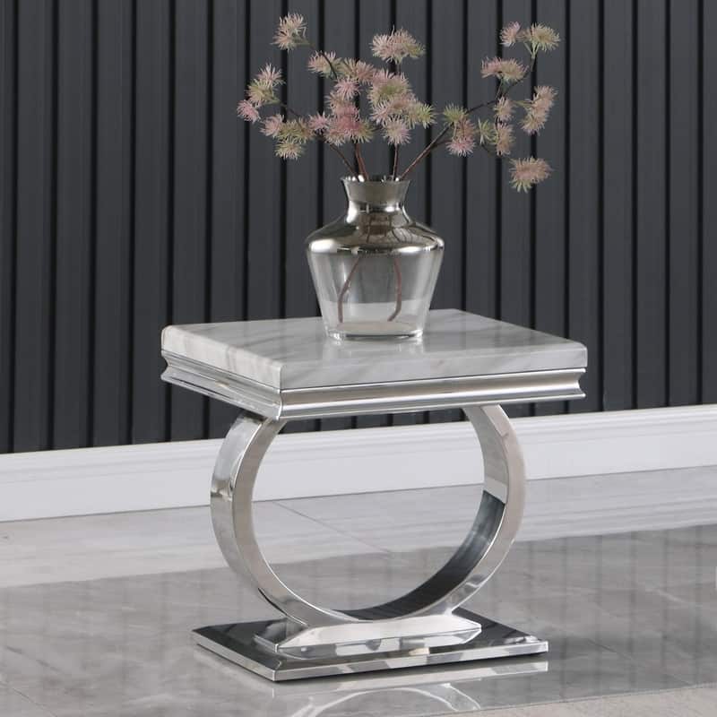 Best Master Furniture Erasmus White/Silver Marble Single Pedestal End Table