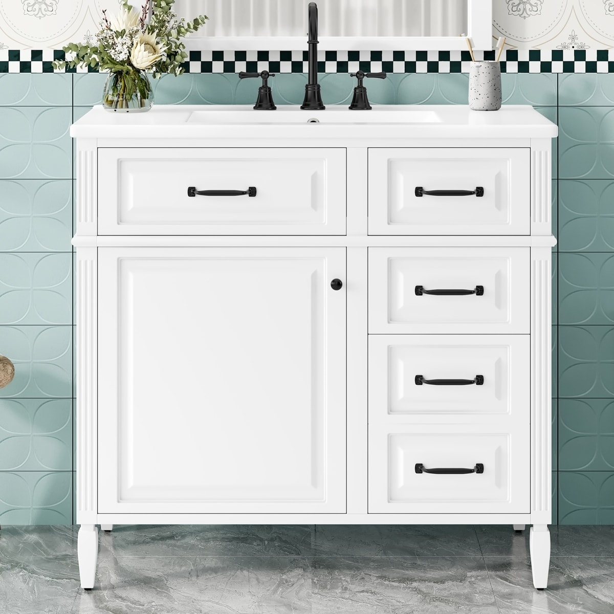 Wood Bathroom Storage Cabinet with Ceramic Sink,Adjustable Shelf,Smart Drawer