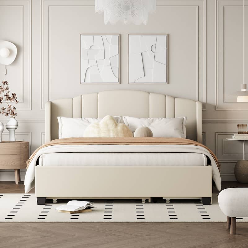 Upholstered Platform Bed with Wingback Headboard, Twin Trundle and 2 Drawers