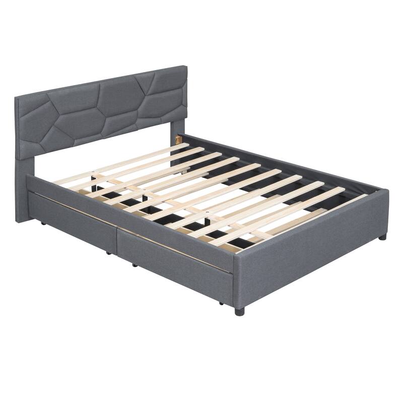 Queen/Full Upholstered Platform Bed with Twin Trundle, 2 Drawers, and Brick Headboard, No Box Spring Needed