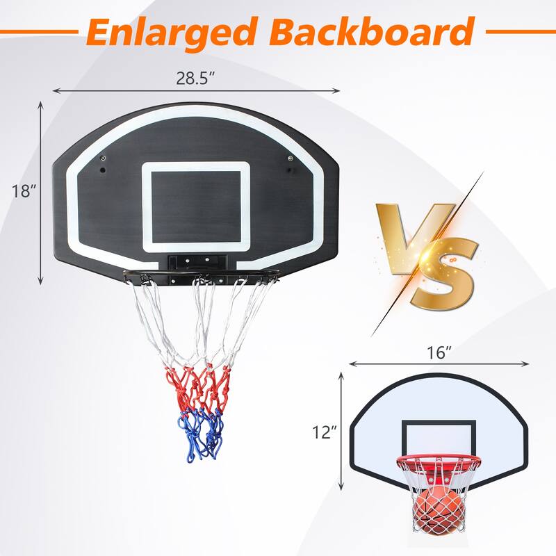 Roomfitters Wall-Mounted Basketball Hoop, 28.5x18 Inch Shatterproof Backboard, Folding Hoop with All-Weather Mesh, Black+Blue