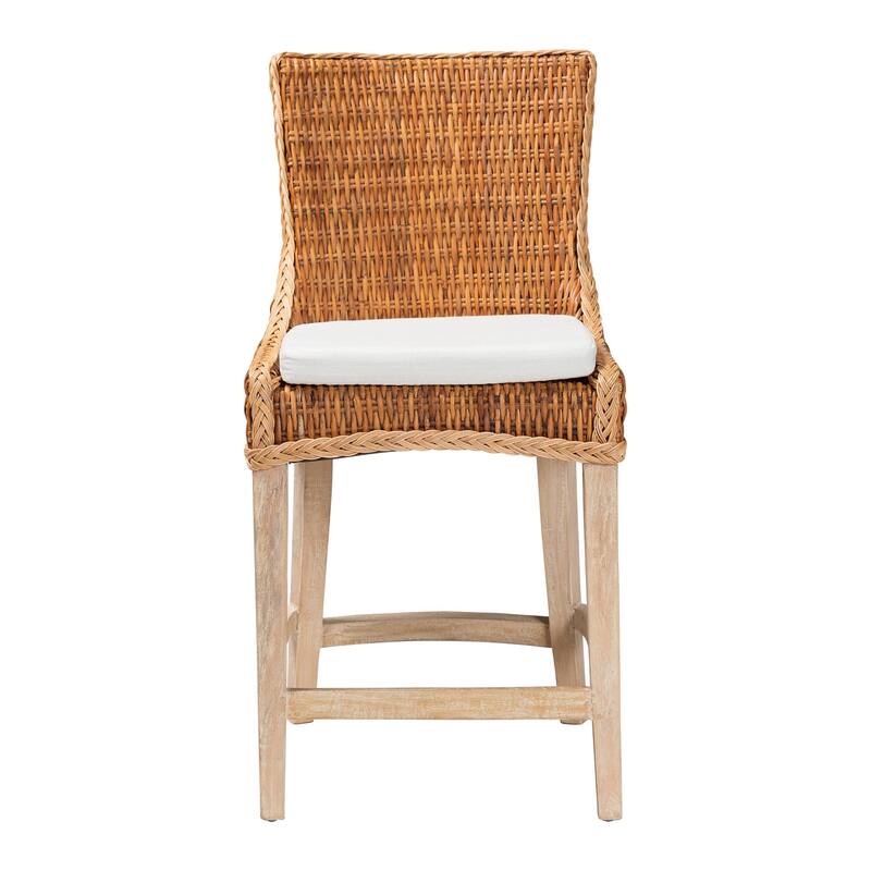 Derris Natural Rattan Counter Stool with Cushion - Tall Wingback Stool with Mango Wood Frame, Boho Coastal Style Seating