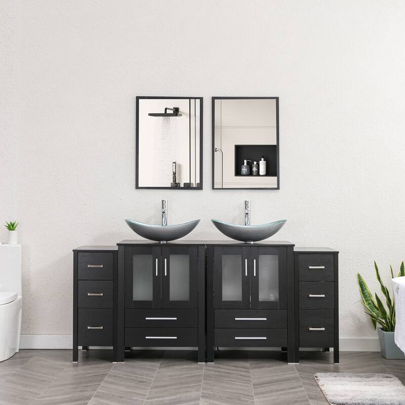 72" Bathroom Vanity Set Glass Ceramic Vessel Sink Side Cabinet Combo