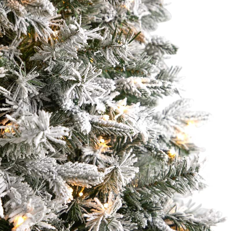 9ft Flocked Christmas Tree with Lights, Artificial Pine Tree, Holiday Decor, Realistic Holiday Tree - Green - 108