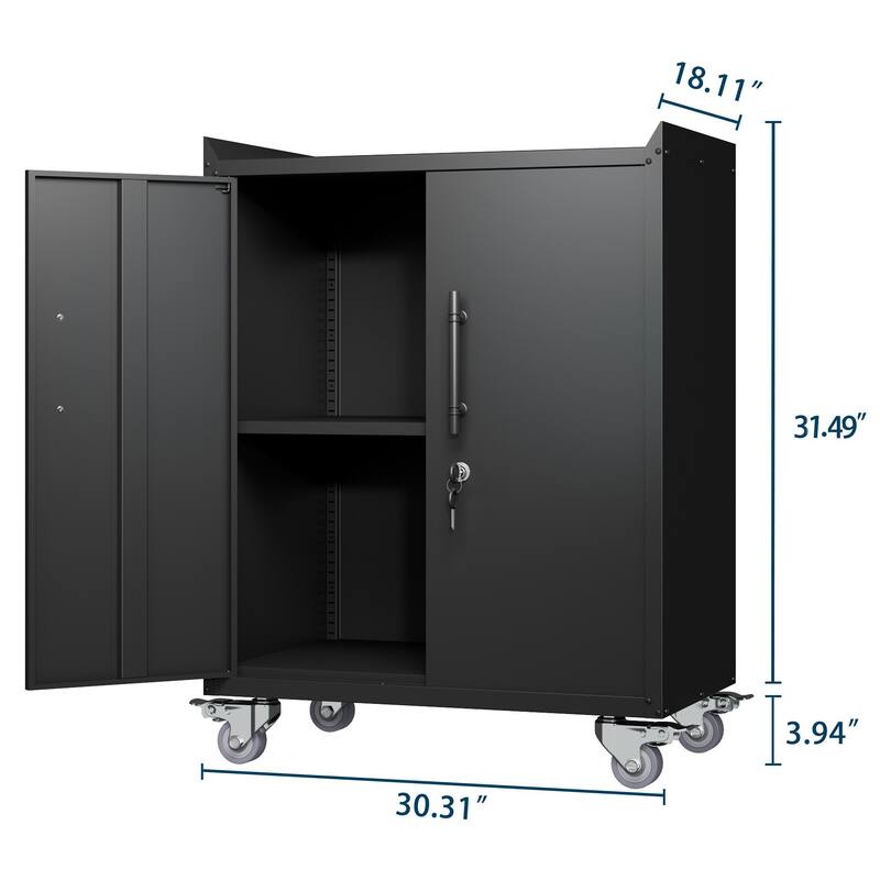 Black Metal Rolling Garage Storage Cabinet with Adjustable Shelves and Lockable Door - 30.31 x 18.11 x 35.40 in (L x W x H)