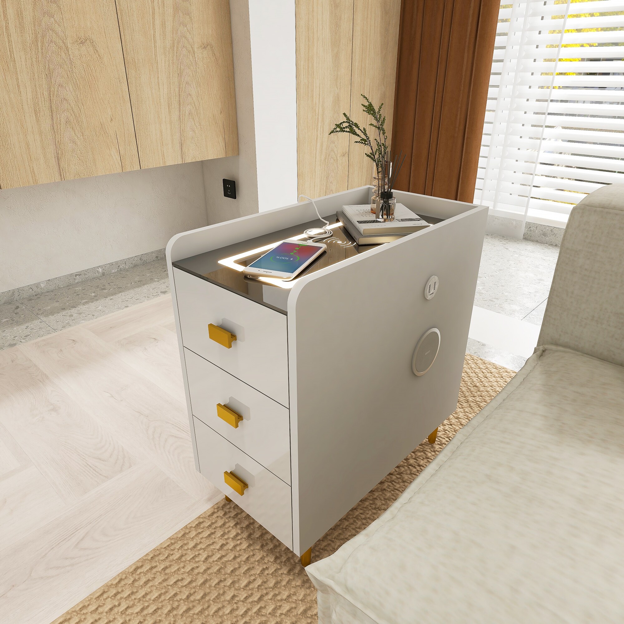 Drawers Side Table Wireless Charger LED Nightstand With Wireless