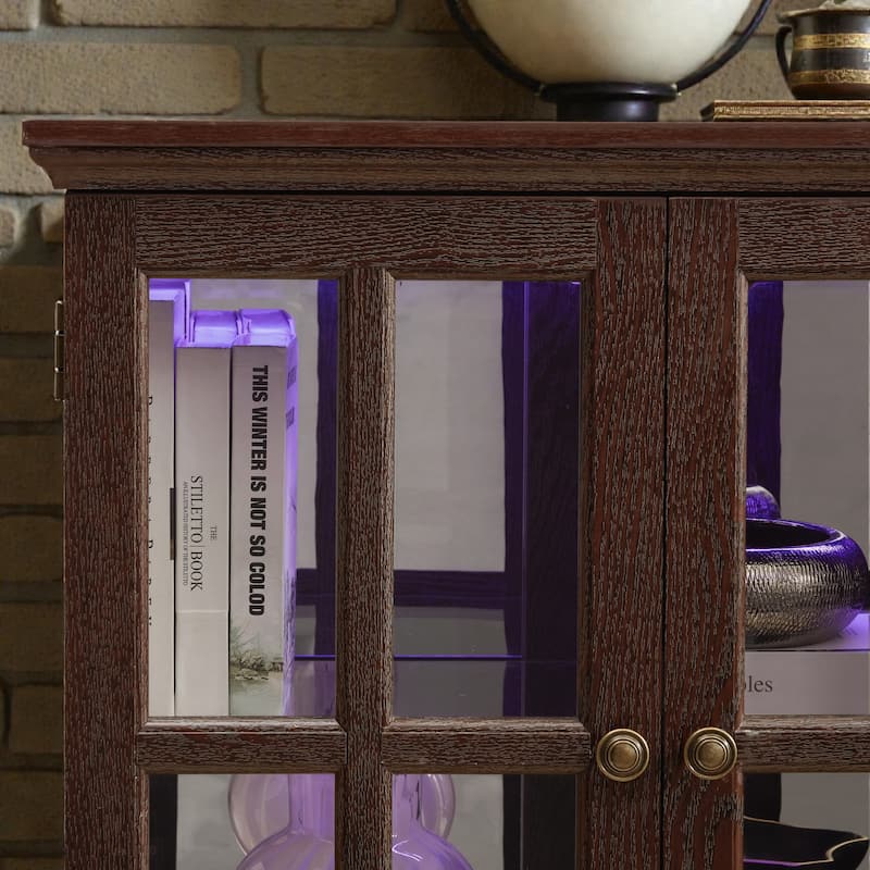 LED Antique Curio Display Cabinet with Glass Doors, 4 Door Vintage Showcase with Adjustable Shelves