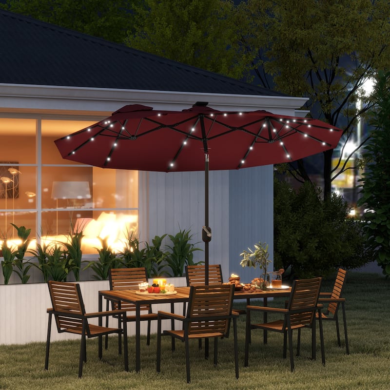 Double Sided Solar LED Patio Umbrella with 36 Lights Wine Red Outdoor Garden Poolside Shade Tilt Crank