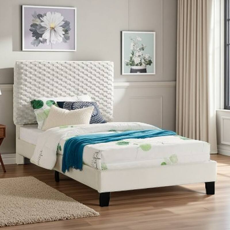 Twin Size Plush 3D Upholstered Platform Bed in White Dove with Adjustable Headboard and Sturdy Plywood Frame - Twin White - Twin