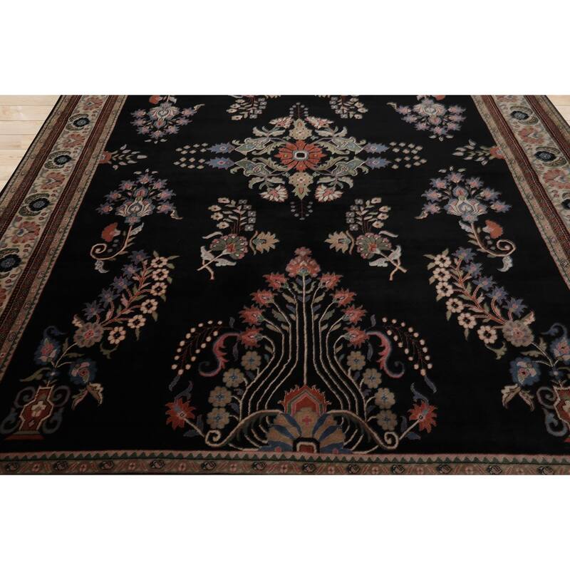 9x12 Hand Knotted New Zewland Wool Black Sarouk Plush Pile Area Rug - 9' x 12'