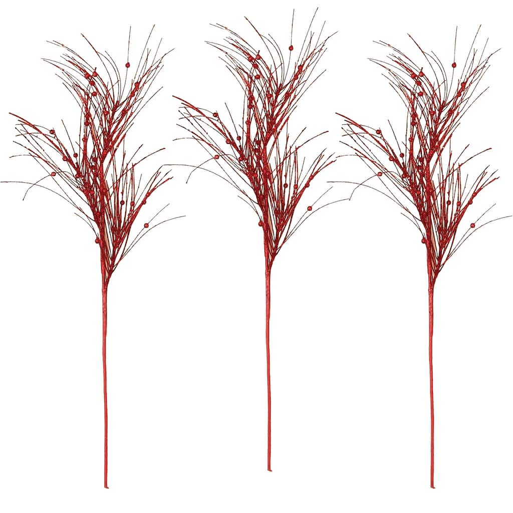 28" Glitter Pine Spray, Red, Set of 3 - Red
