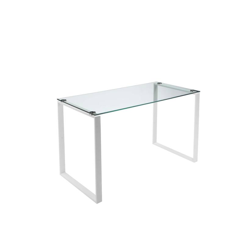 Elen 47 Inch Desk, Rectangular Tempered Glass, White Powder Coated Metal