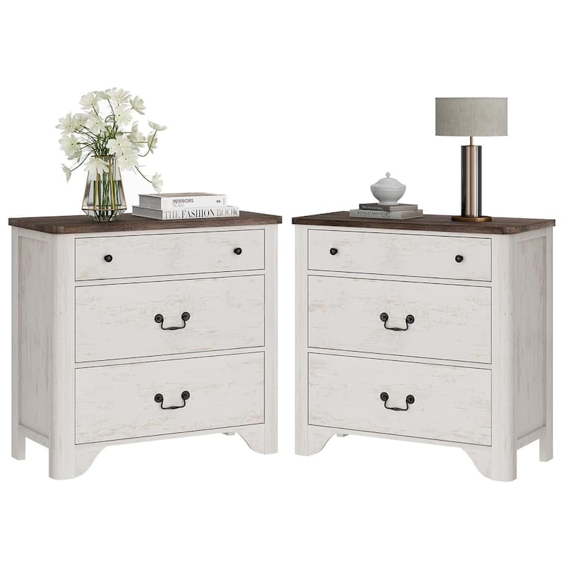 WAMPAT Large Farmhouse Nightstand with 3 Drawers,Wooden End Table