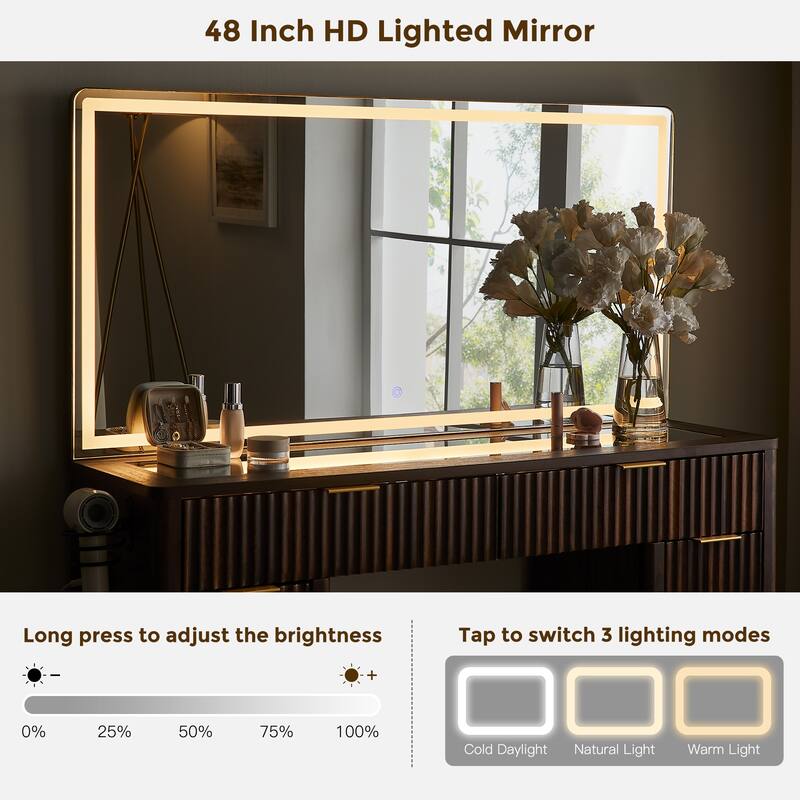 Modern Fluted Makeup Vanity Desk with Mirror, Lights, Charging Station