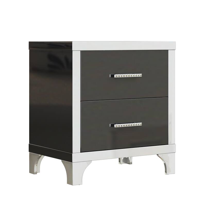 Elegant High-Gloss Mirrored 2-Drawer Nightstand - Metal Handle Bedside Table for Bedroom/Living Room (Black)