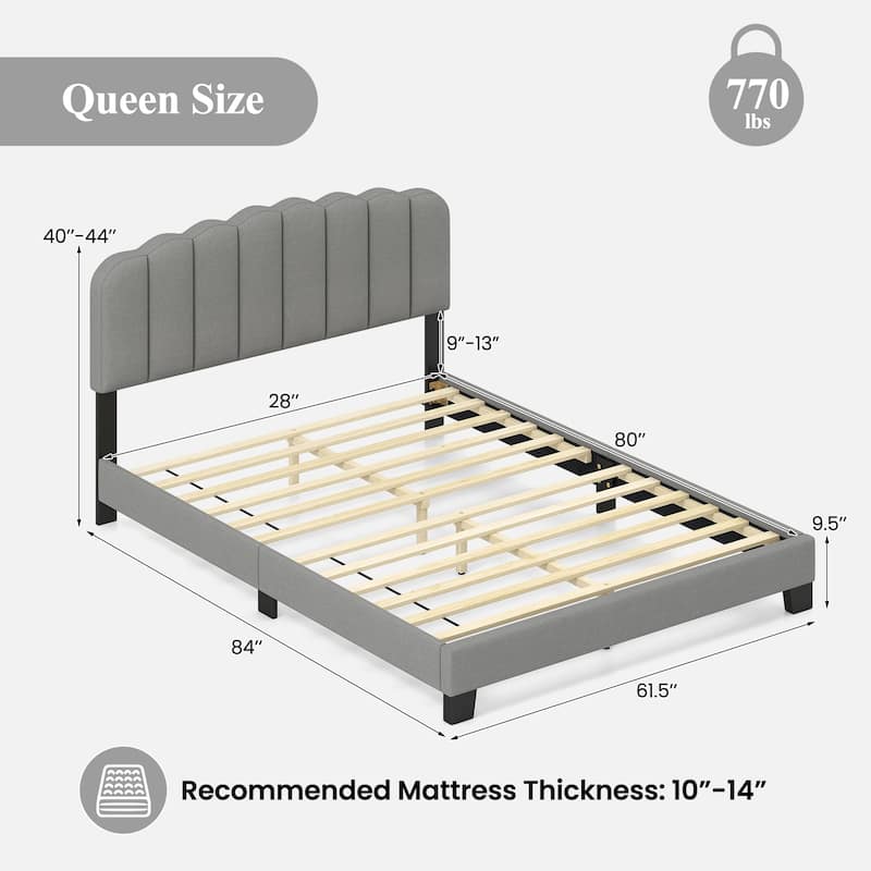 Gray Upholstered Queen Platform Bed Frame with Adjustable Headboard Tufted Linen and Sturdy Wooden Slats