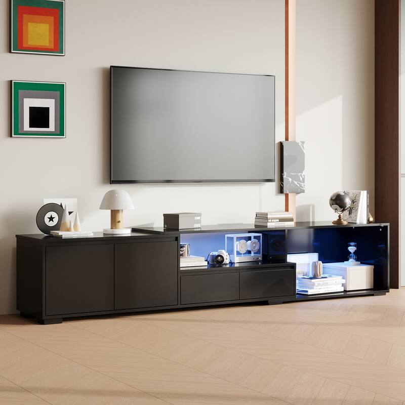Modern Black TV Stand with LED Lighting and Expandable Open Area: Stylish, Customizable & Ultra - Practical