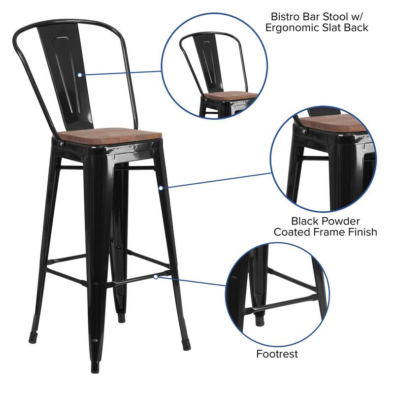 30" High Metal Barstool with Back and Wood Seat - 17.75"W x 20"D x 45.25"H