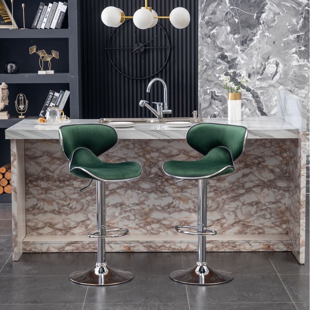 Modern Adjustable Swivel Bar Stool Set of 2, Velvet Upholstered Chair with Footrest for Bar, Kitchen Island, Dining Room