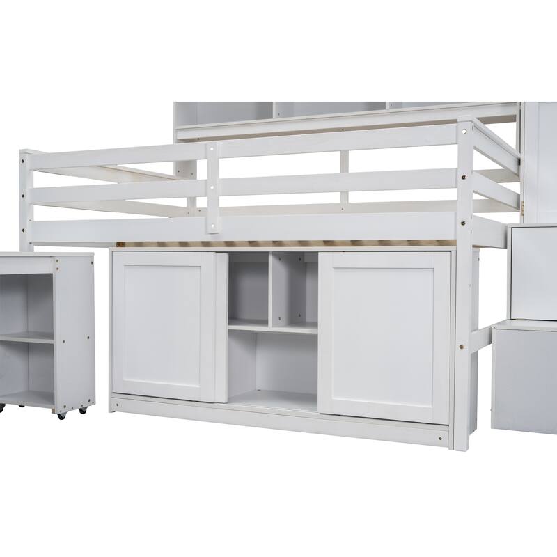 Full Size White Loft Bed with Storage, Desk, Drawers, and Shelves