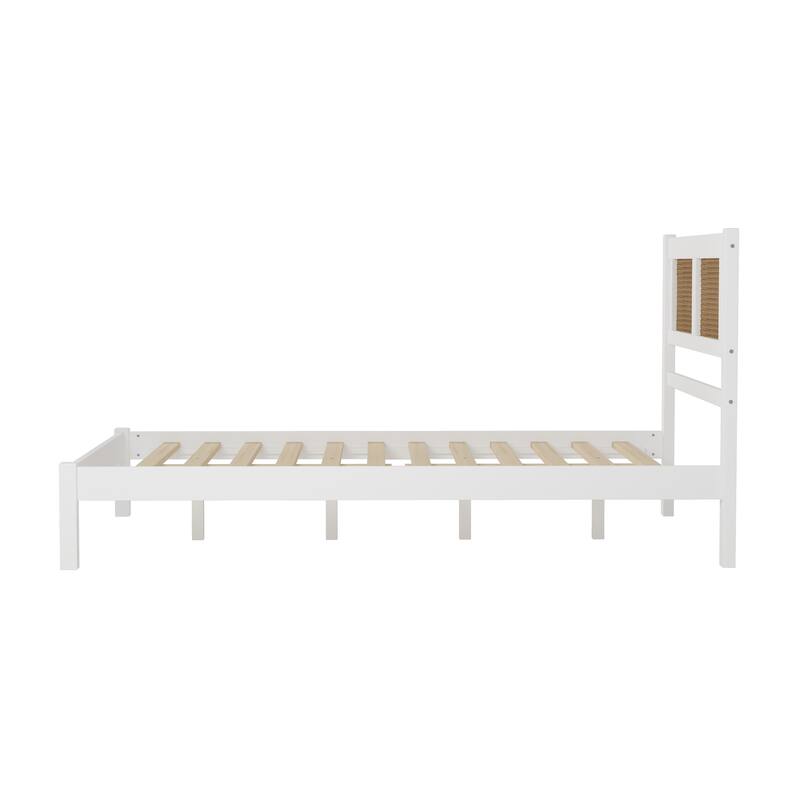 Modern Style Wooden Platform Bed with Rattan Headboard