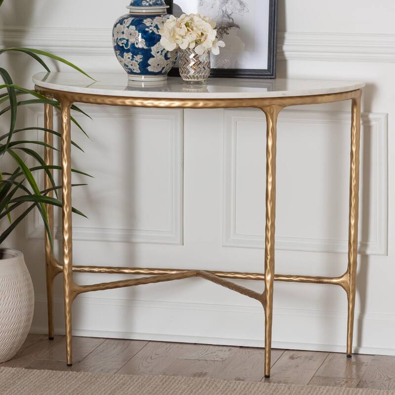 Akanji Marble Console Table - Modern Rustic Accent Table with Hand-Forged Metal Frame and Half-Moon Tabletop