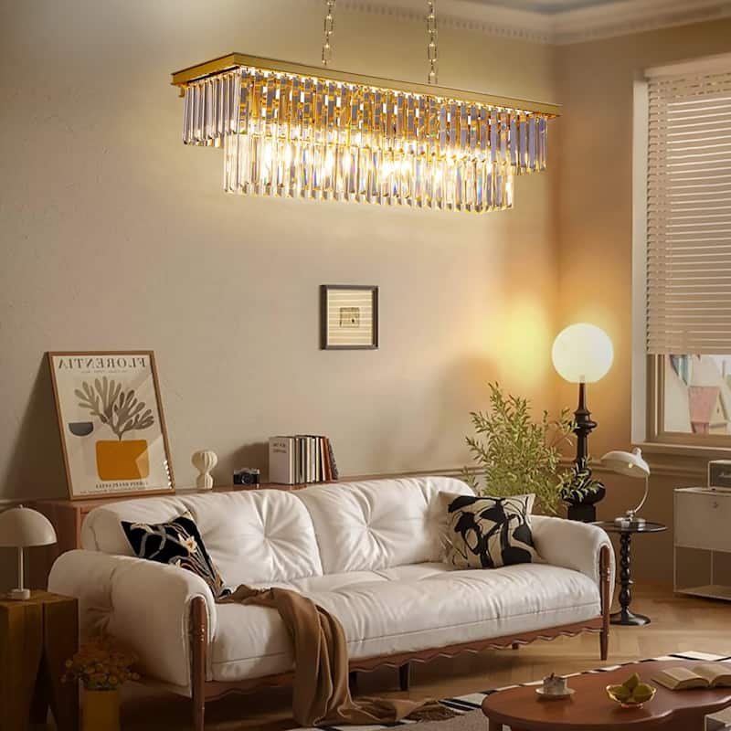 Gold Rectangle Crystal Chandelier, Luxury Pendant Light for Dining Room, Bulbs Included
