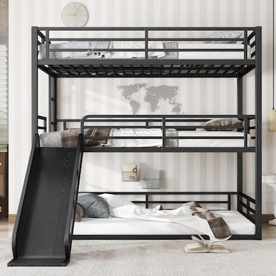 Full over Full over Full Bunk Bed with Slide, Metal Triple Bunk Bed with Safety Guardrails, Noise-reduced Design, Black