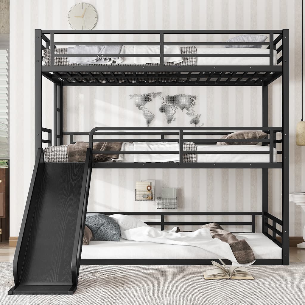 Full over Full over Full Bunk Bed with Slide, Metal Triple Bunk Bed with Safety Guardrails, Noise-reduced Design, Black
