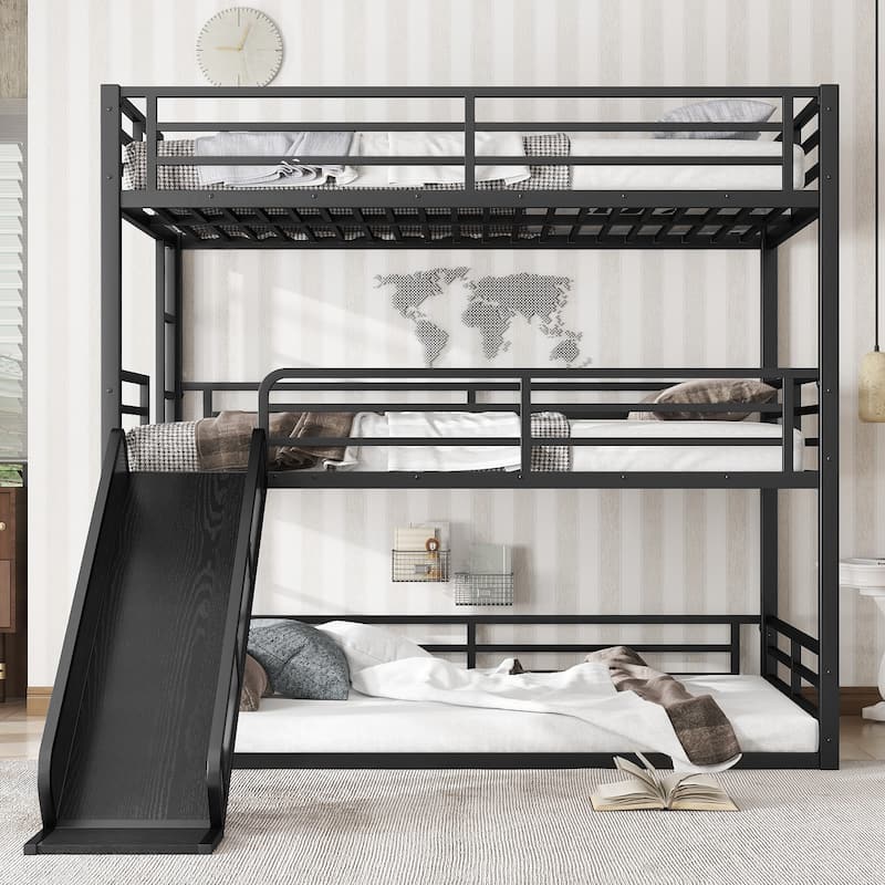 GDFStudio - Rock Triple Bunk Bed with Slide, Guardrails, Durable Noise-Free Frame - Black + 3 Full
