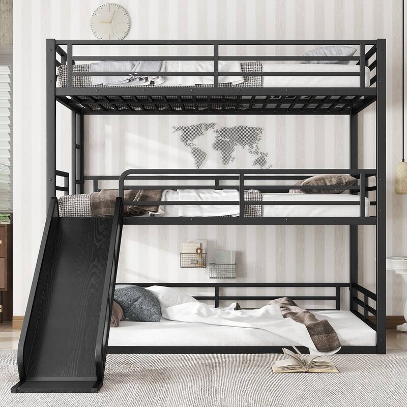 Twin/Twin/Full Triple Bunk Bed with Slide - Metal Frame, Safety Guardrails, Noise-Reduced (Black) - Full