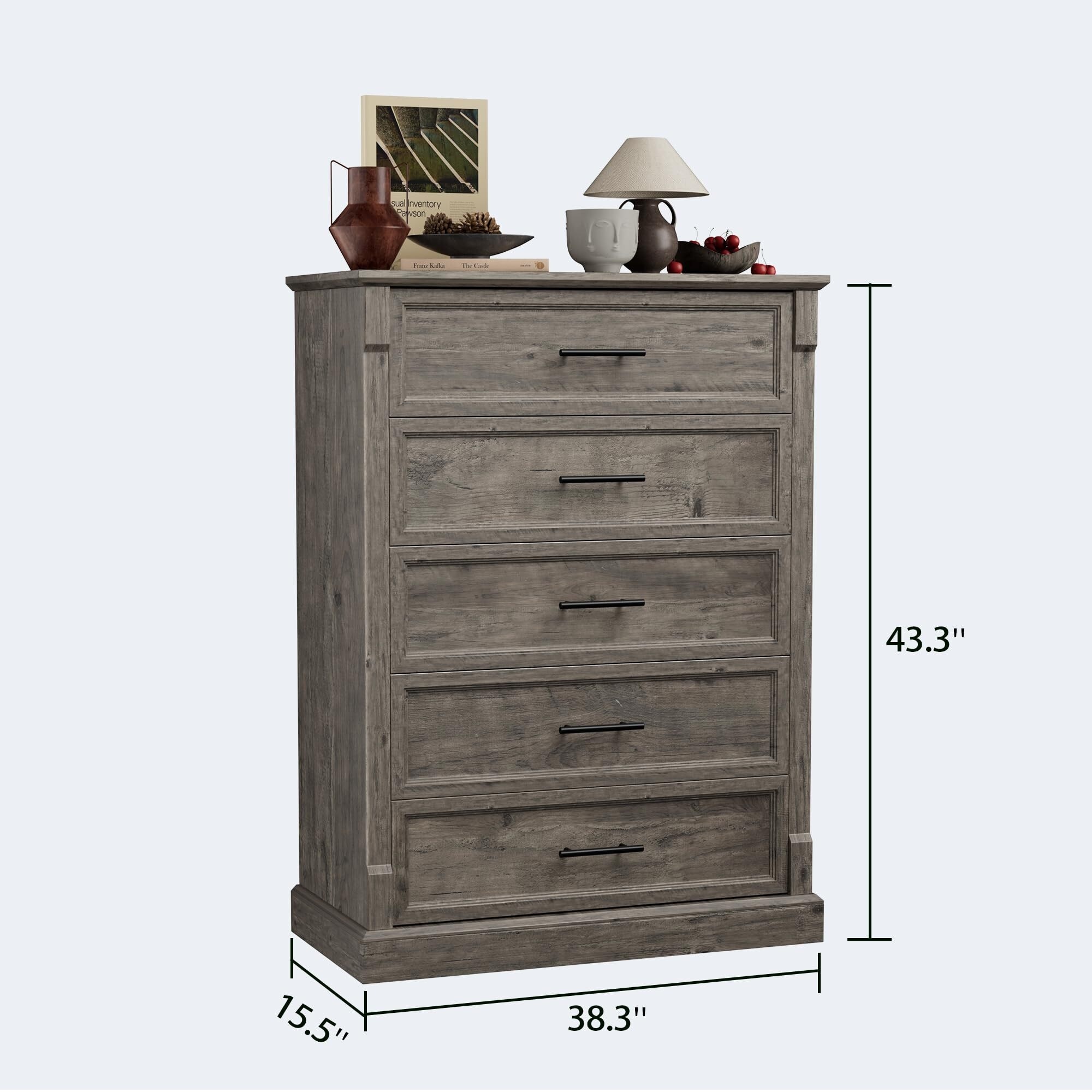 Farmhouse 5 Drawer Dresser for Bedroom, Tall Chest of Drawers with Metal Handles, Rustic Wooden Dresser TV Stand