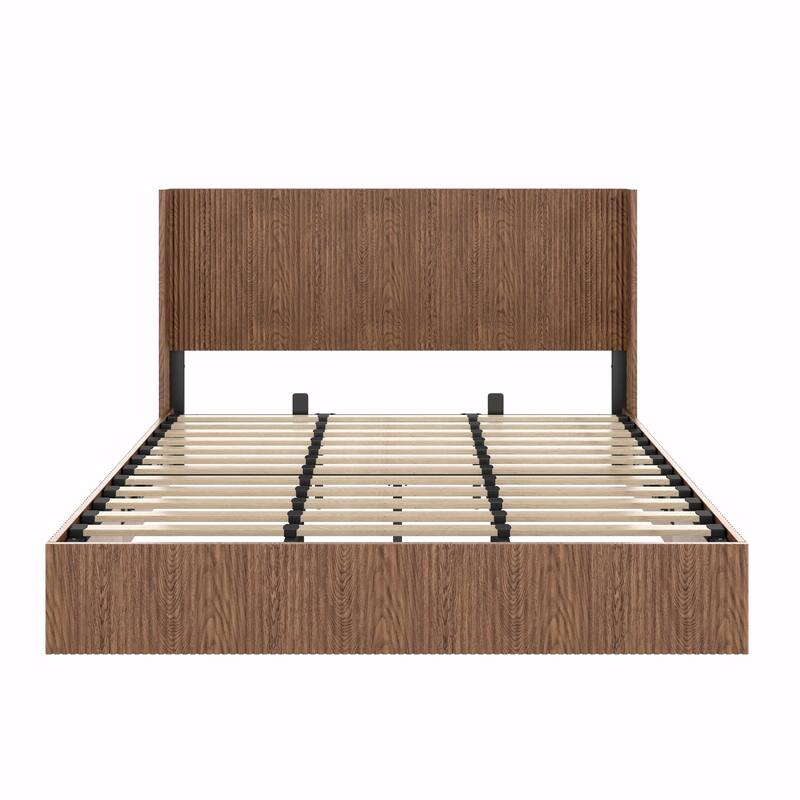 Large Grooved Undulating Lift Storage Bed Frame - Wooden Platform Bed with Lift-Top Storage