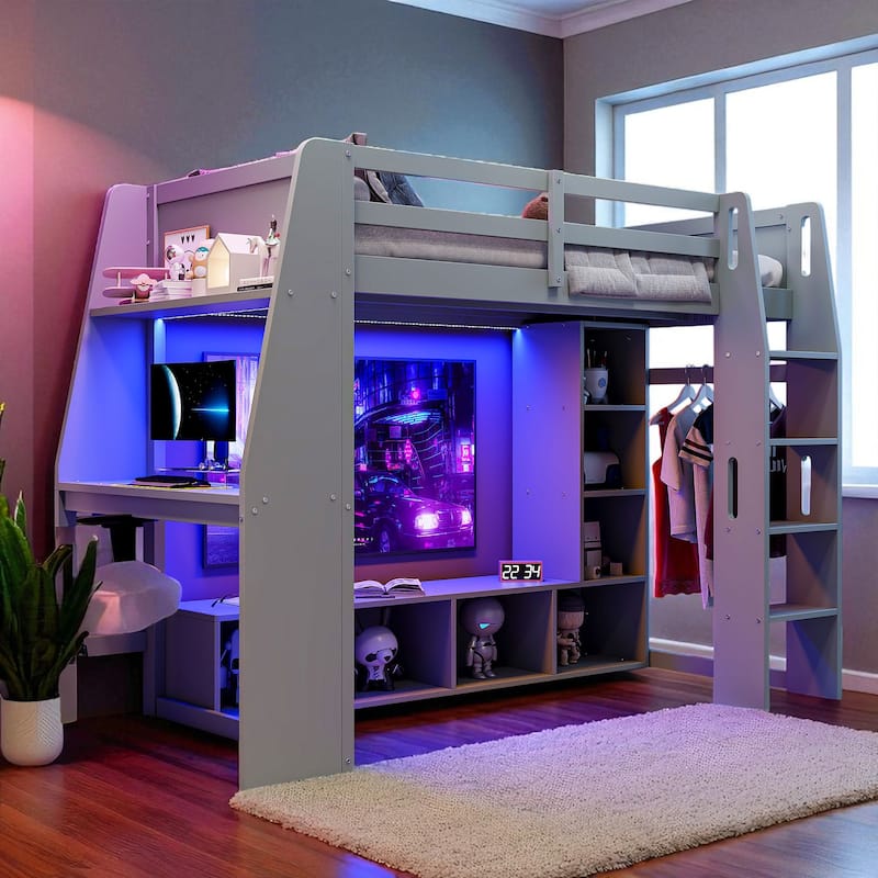 Twin/Full Size Gray Gaming Loft Bed with Desk, Storage Cabinets, LED Lighting & Hanging Clothes Rack