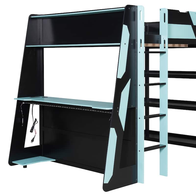Full Size Gaming Loft Bed Station with Desk, Storage Shelves & RGB LED Lights