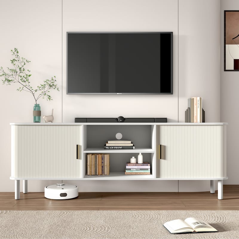 AVAWING 70" Modern TV Stand for 80 Inch TVs, Wood Media Console with Sliding Doors and Storage Shelves. - White