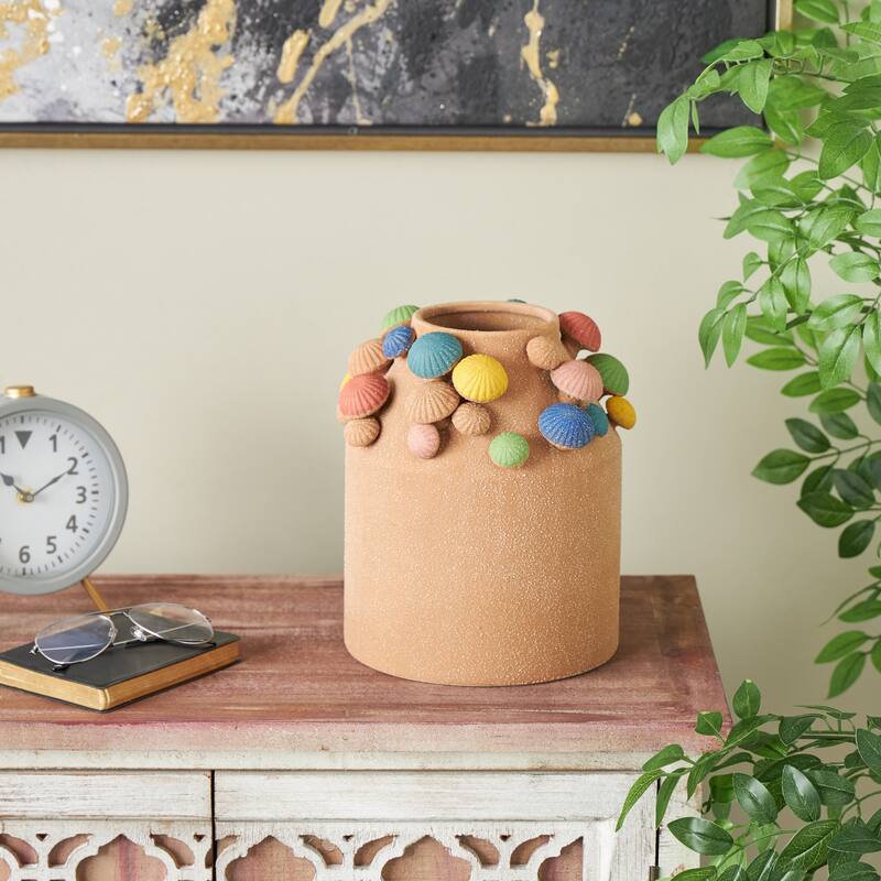 Ceramic Round Wide Decorative Vase with Multicolor Accents and White Speckles - Brown - Roche River Decor