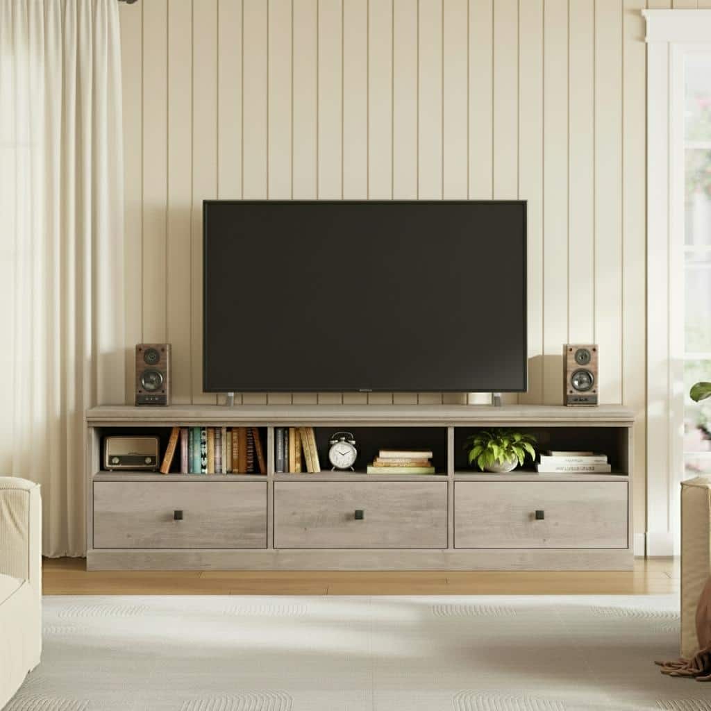 TV Console, with Open Shelves and Storage Drawer
