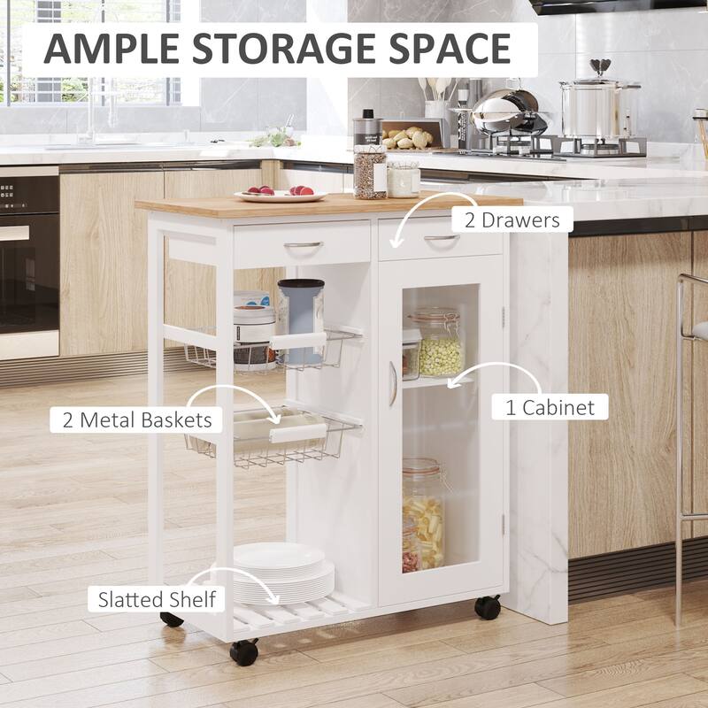 HOMCOM 28” White Rolling Kitchen Trolley Serving Cart