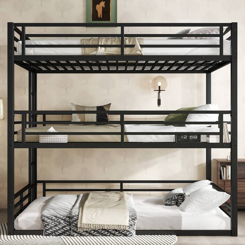 Metal Triple Bunk Bed Frame, Heavy Duty Metal Bunk Bed Frame, Floor Triple Bunk Bed with Safety Guardrails - Black+Queen over Full XL over Queen - Queen