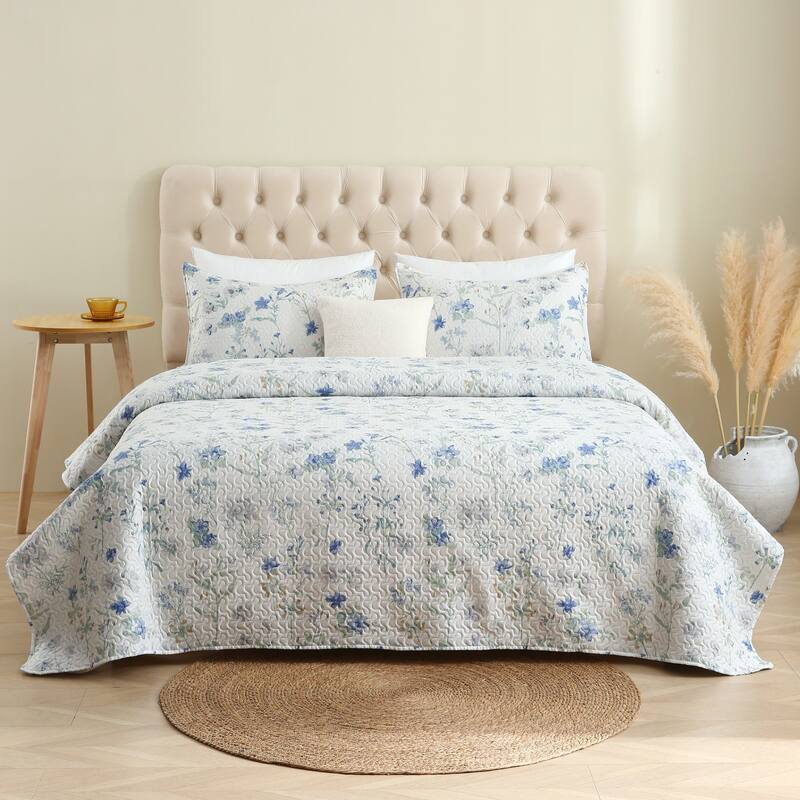 Pink Plaid Patchwork Quilt Set Bedspread - Queen - Blue Floral