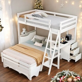 Modern Twin Over Full Bunk Bed With Built-in Desk And Three Drawers,Large Storage Space for Bedroom